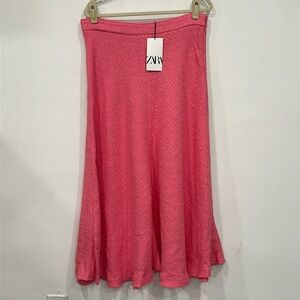 ZARA Textured Tweed A-Line Flared Raw Hem Long SKIRT Cotton Candy Pink - NEW XL